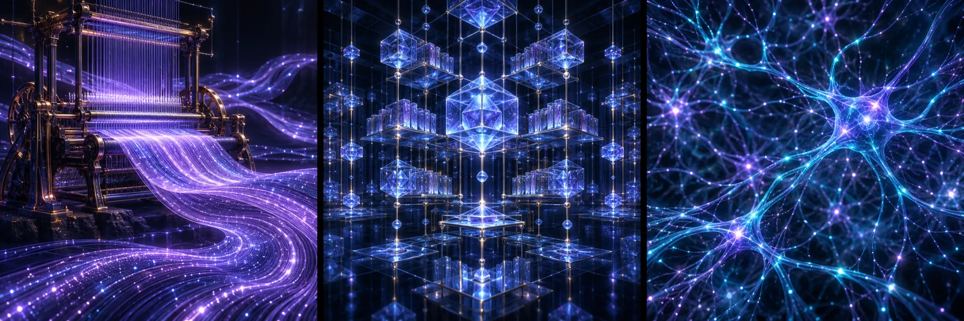 Three panels: a loom weaving violet threads into a ribbon, a crystalline lattice of blue facts, and a glowing field of neural filaments